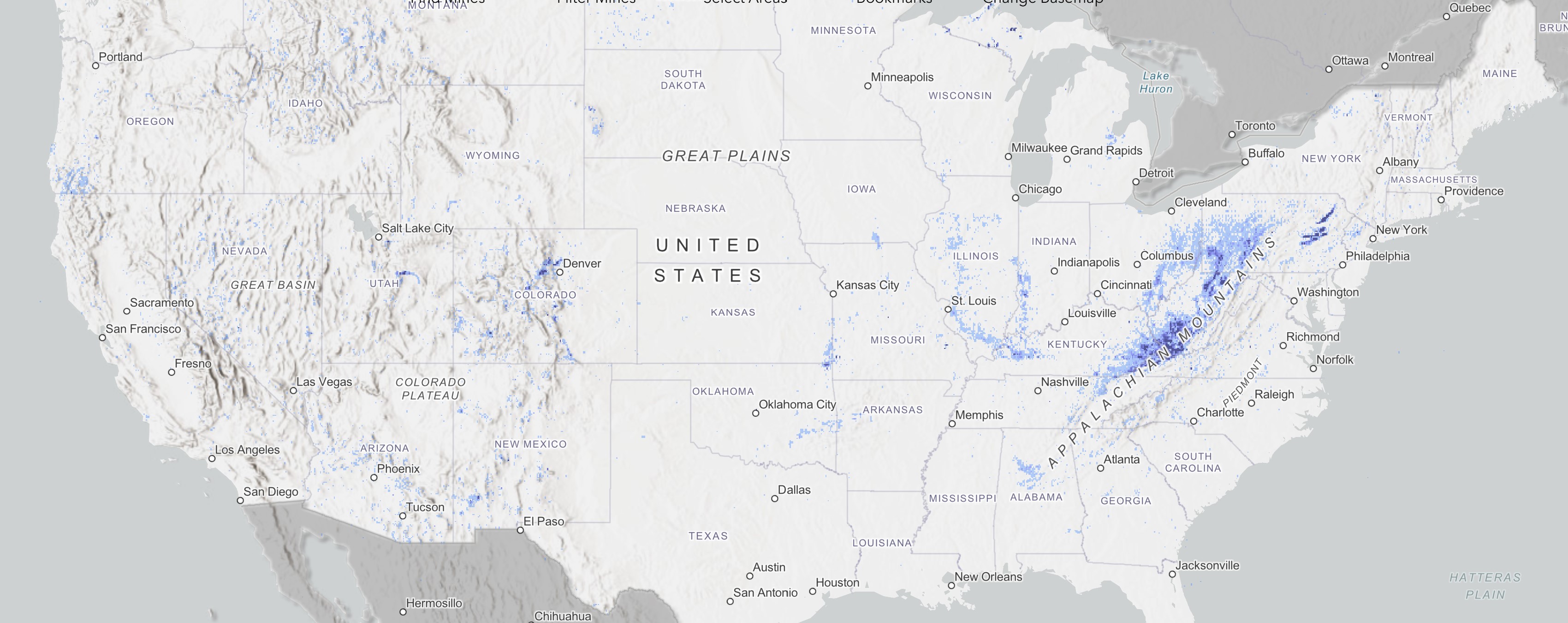 Map of the continental U.S. with mine locations represented in blue.