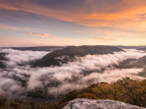 Panorama Of New River at Grand View in New River Gorge National Park at Sunrise in West Virginia.