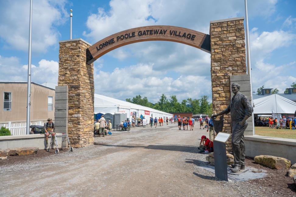 Image: view of the gateway arch outside the Lonnie Poole Gateway Village at the scout jamboree.