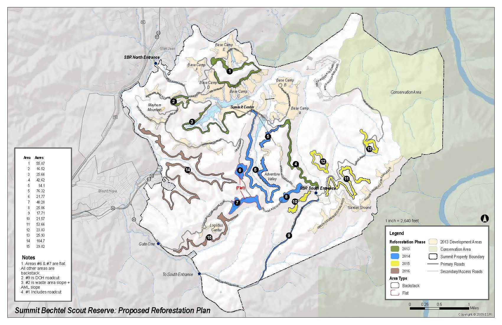 This image shows the area of the current Bechtel Summit Reserve in southern West Virginia. The base map is a topographic map and the outline of the reserve is shown with a black dotted outline. Within the reserve, the different planting sites are show as polygons of different colors. Each polygon and color have been assigned a number which corresponds to the year that area was planted. Planting took place from 2013 - 2016 and it began in the northern part of the site, through the center, and then there were planting areas in the eastern and western side of the reserve.