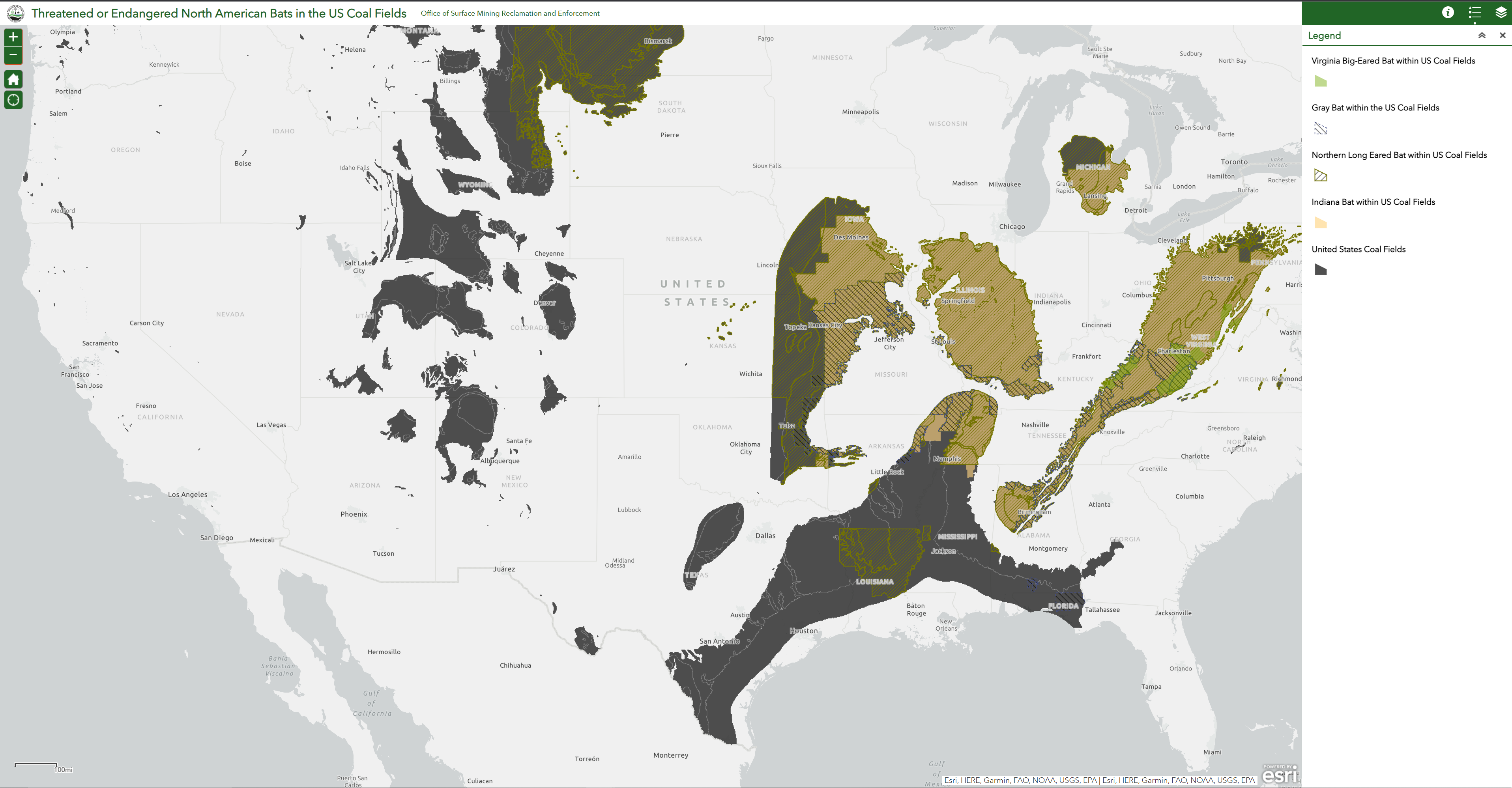Map showing threatened and endangered bats in the U.S. coal fields with link to interactive map.
