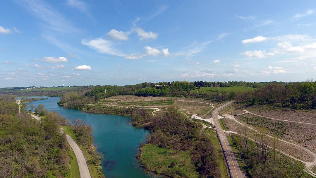 Aerial photo of reclaimed lake and adjacent infrastructure in Ohio.