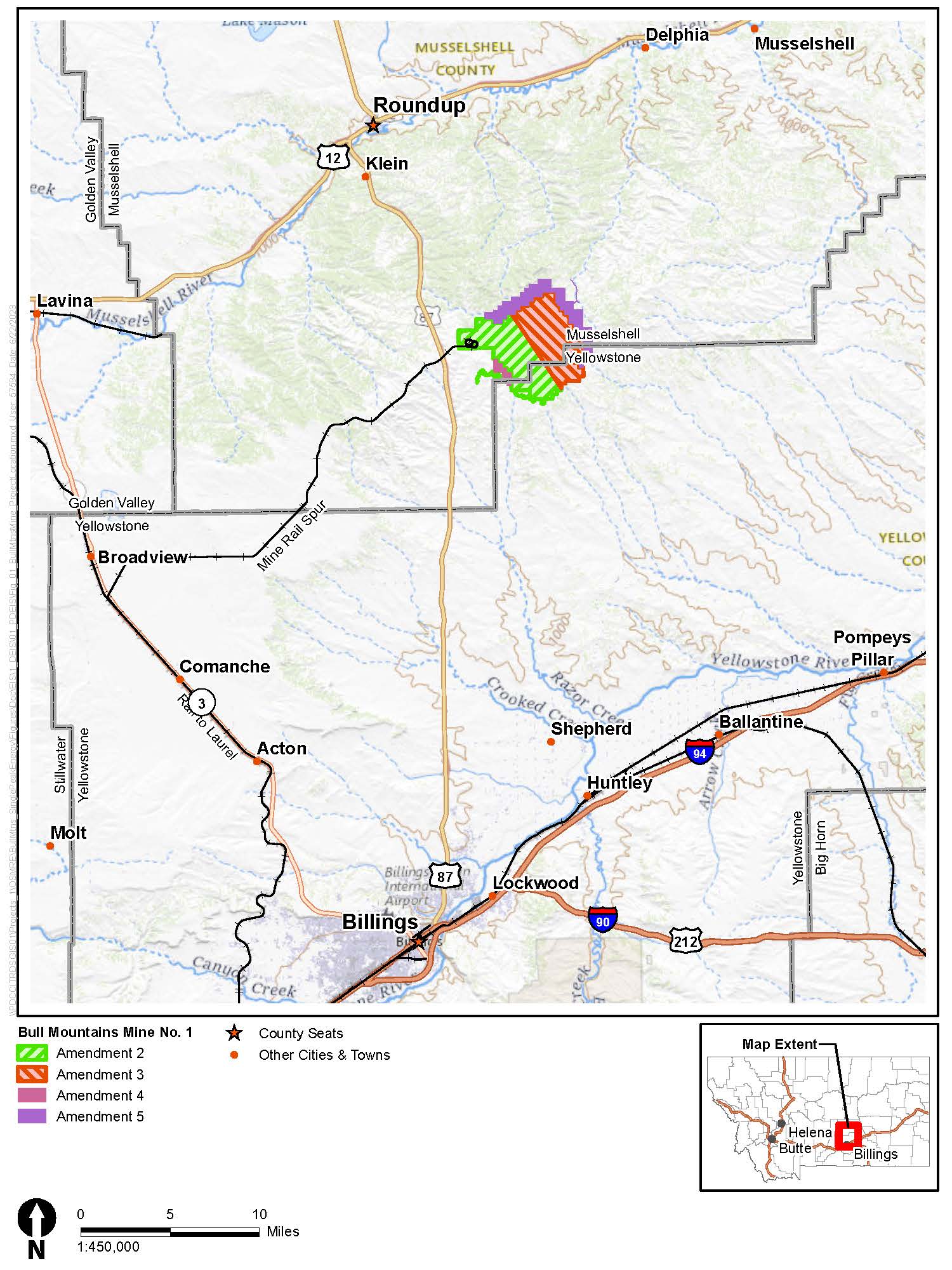 This figure shows the location of the Bull Mountains Mine No. 1 about 30 miles north of Billings, Montana. It also shows the different permit Amendments 2, 3, 4 and 5.