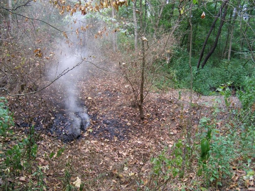This example shows an image of an actual mine fire vent. Note the smoke rising and the vegetation close to the vent is burnt.
