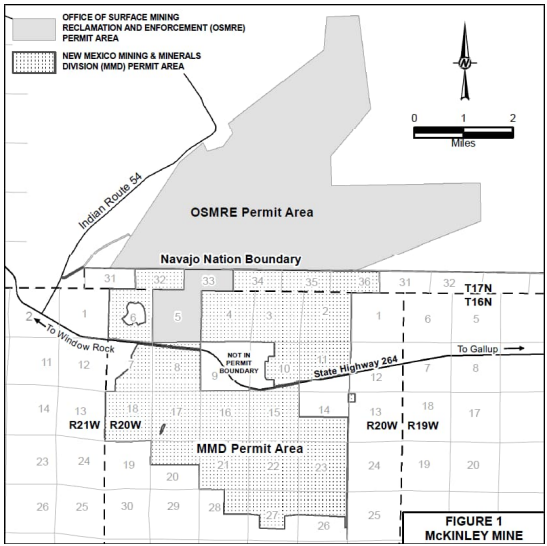 Grey scale map showing the general location and permit boundary of the McKinley Mine Permit No. NM-0001 inbetween State Highway 264 and Indian Route 54