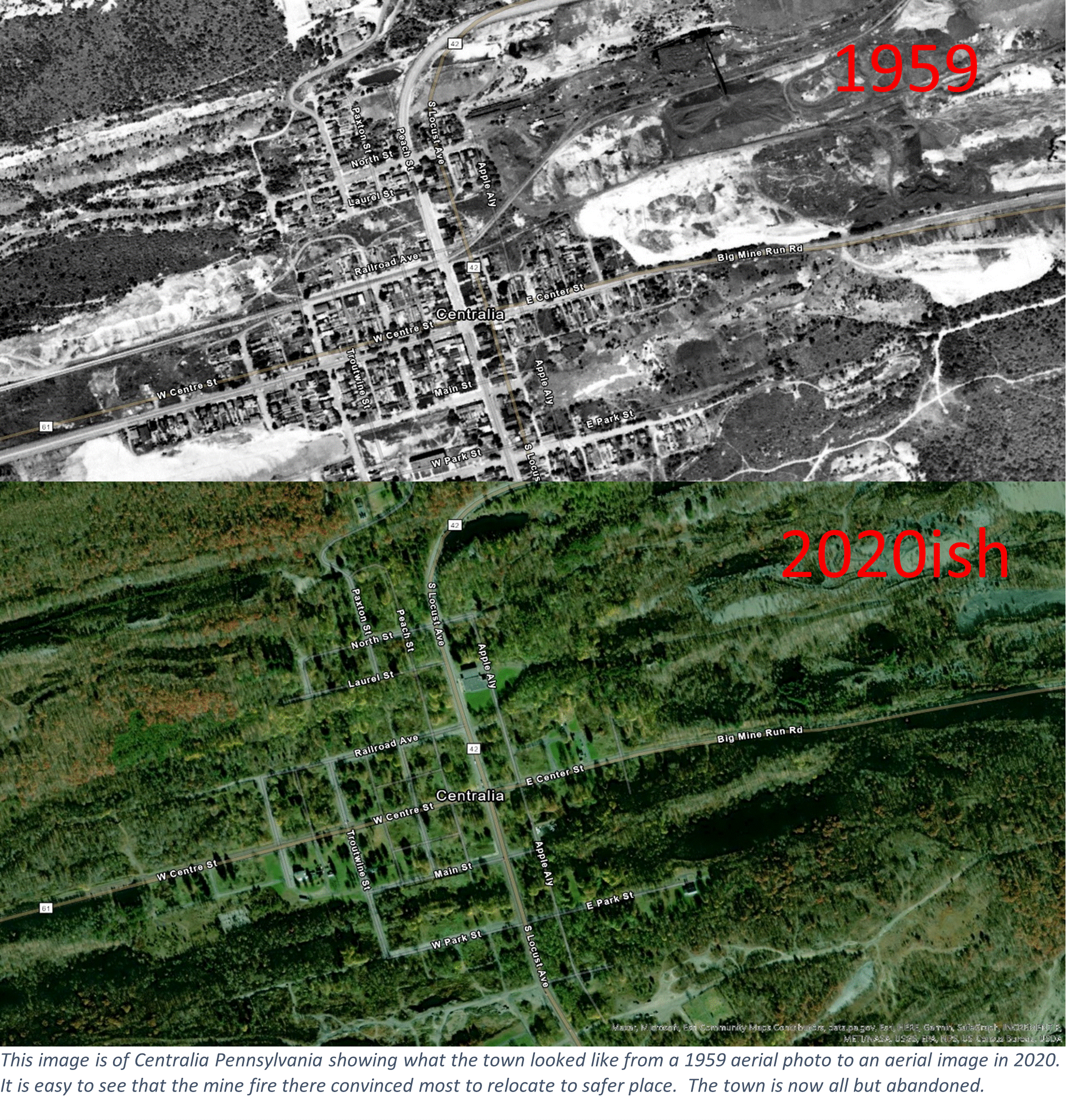 This image is of Centralia Pennsylvania showing what the town looked like from a 1959 aerial photo to an aerial image in 2020.  It is easy to see that the mine fire there convinced most to relocate to safer place.  The town is now all but abandoned.