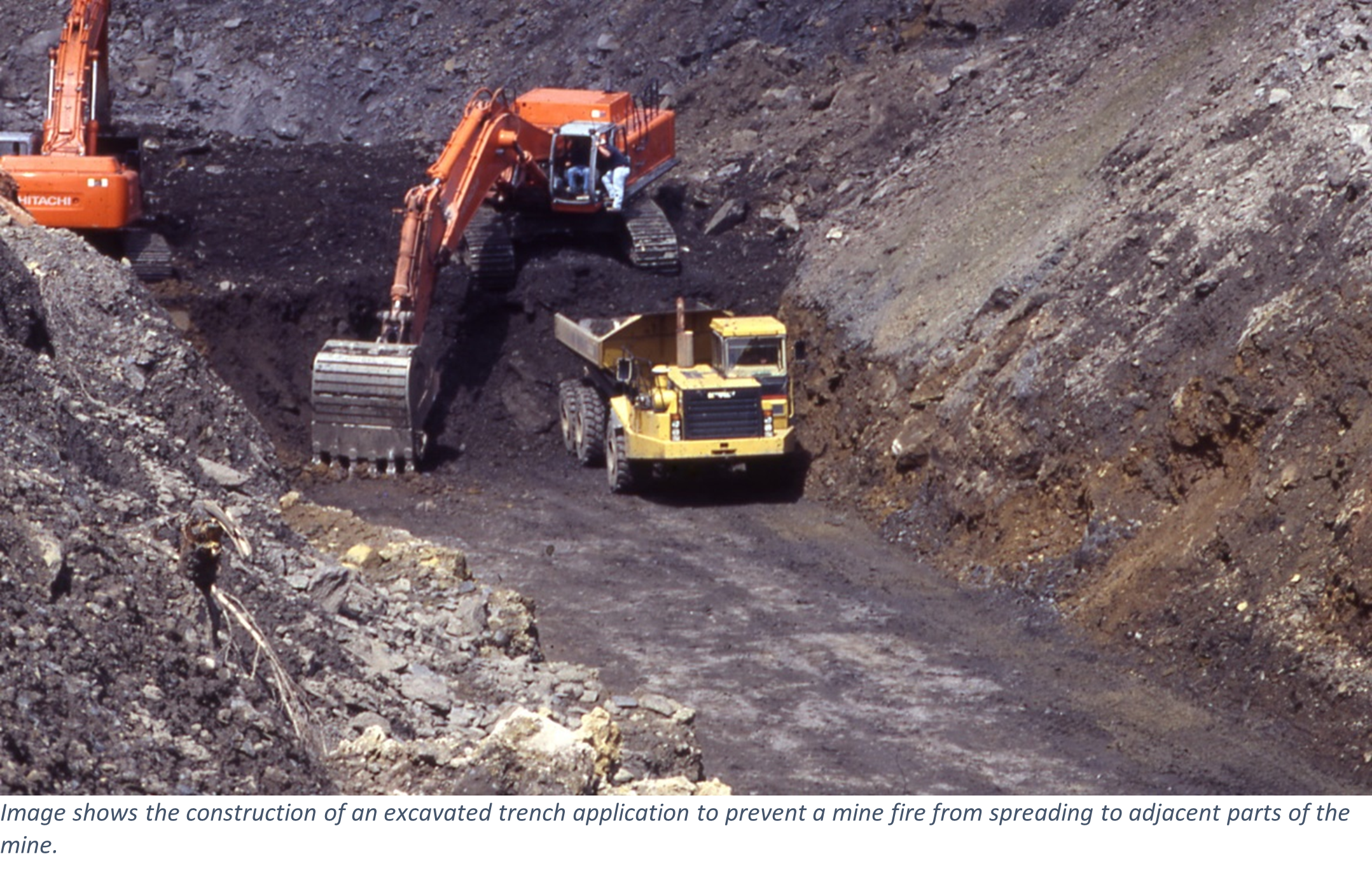Image shows the construction of an excavated trench application to prevent a mine fire from spreading to adjacent parts of the mine.