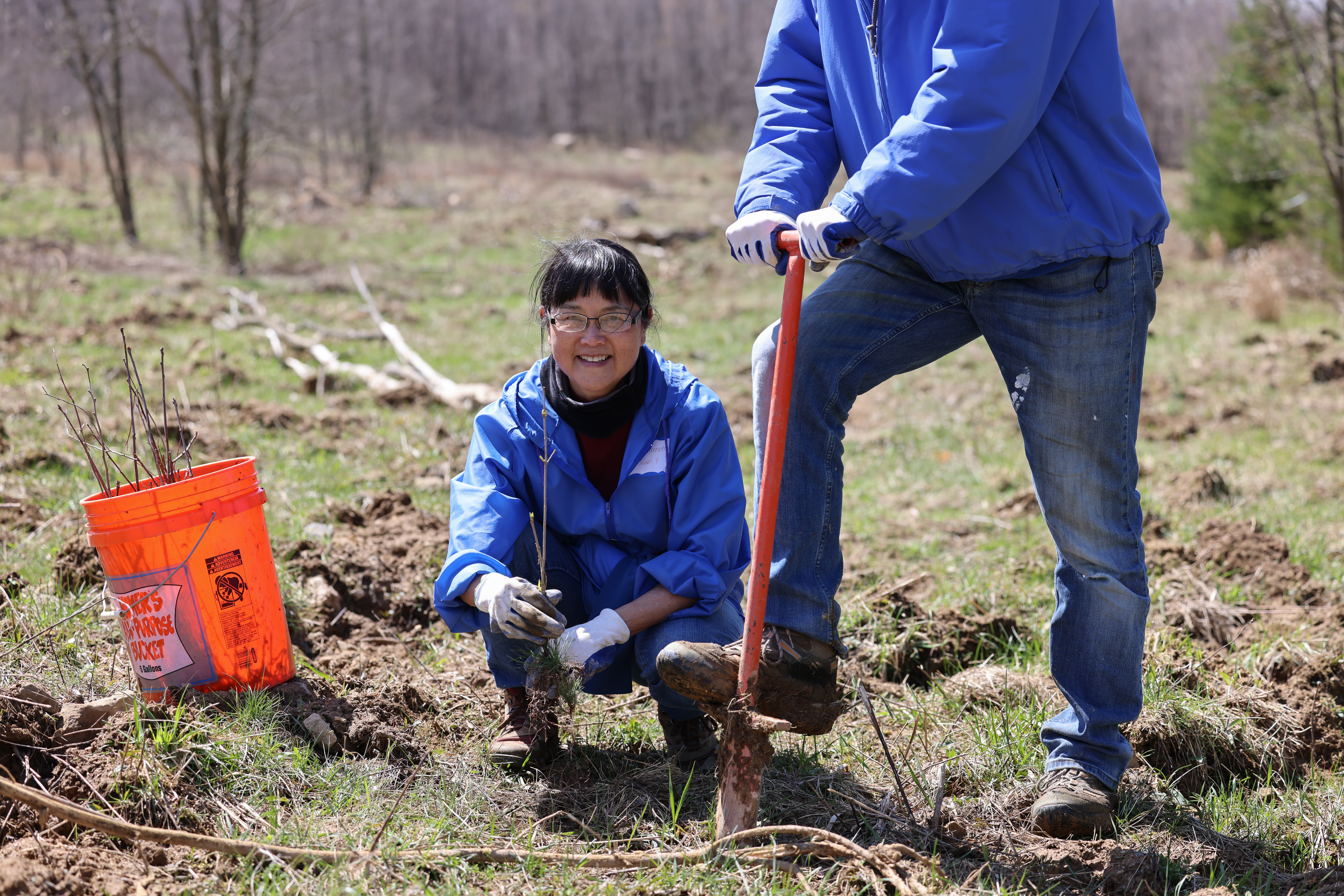 Ginny Barnett, a volunteer, plants a tree at the Plant a Tree at Flight 93 event at the Flight 93 National Memorial, Somerset County, Pennsylvania, April 22, 2022. The event highlighted more than 10 years of work and events to plant over 150,000 trees, across 214 acres of former coal mine land. (Photo courtesy of NPS/B. Torrey)