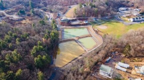 Aerial image shows infrastructure and ponds of Otto Colliery Airshaft Discharge Treatment System, in Pottsville, Pennsylvania.