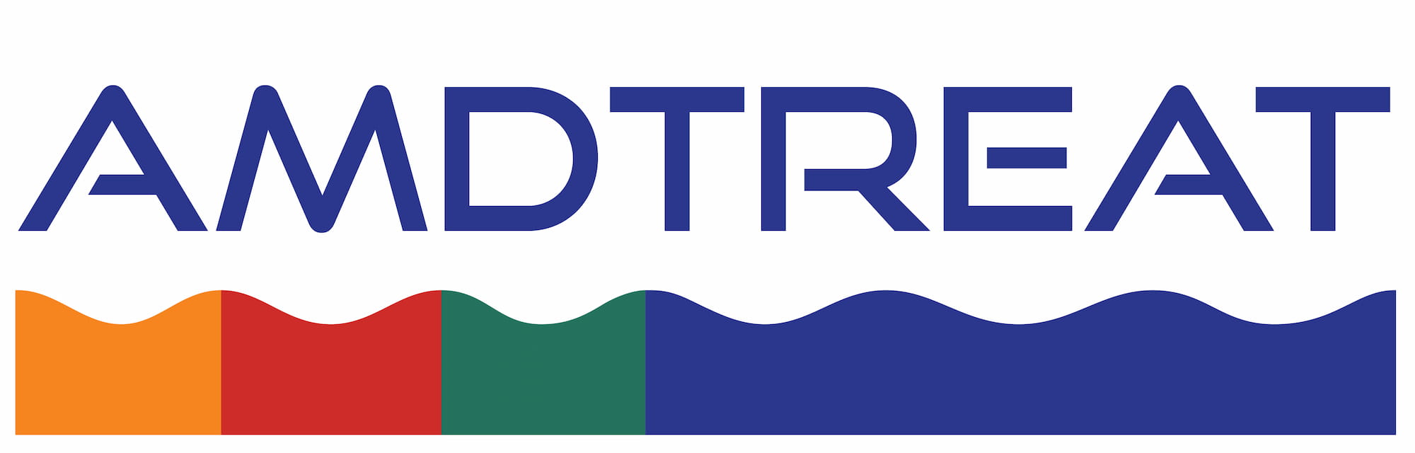 AMDTreat Logo. The word on top of an orange, red, green and blue wavy topped bar.