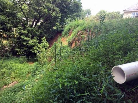 A grassy, subsided hillside with a white pipe in the foreground. 