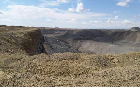  Coal seam has been drilled and loaded for blasting at the Navajo Mine Complex, Navajo Nation, near Farmington, New Mexico. Photo Courtesy of OSMRE